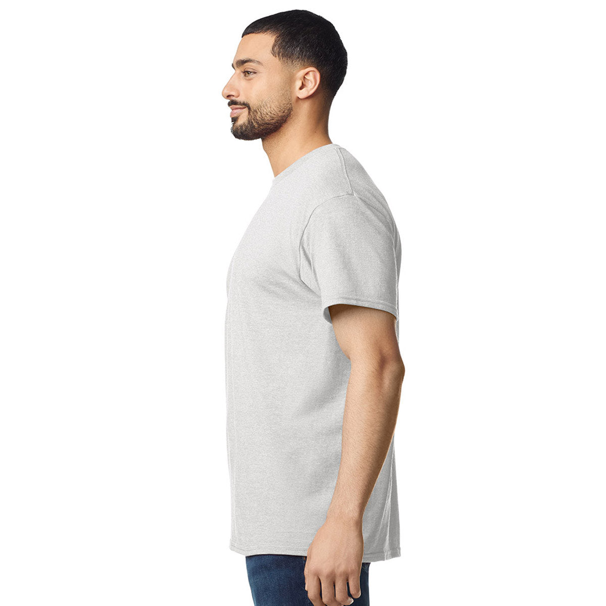 model wearing mens gildan short sleeve heavy cotton tshirt ash grey side view