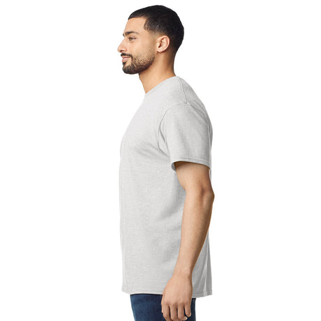 model wearing mens gildan short sleeve heavy cotton tshirt ash grey side view
