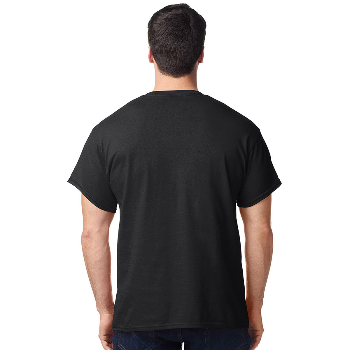 model wearing mens gildan short sleeve heavy cotton tshirt black
