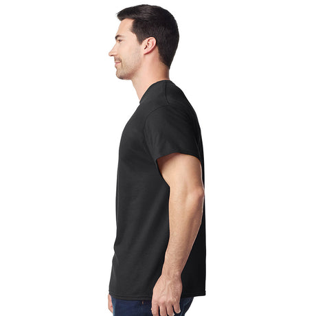 model wearing mens gildan short sleeve heavy cotton tshirt black side view