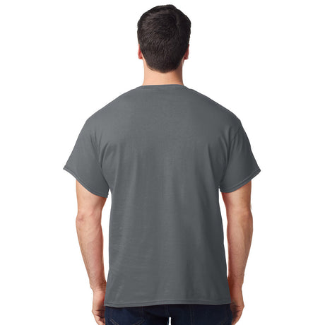 model wearing mens gildan short sleeve heavy cotton tshirt charcoal