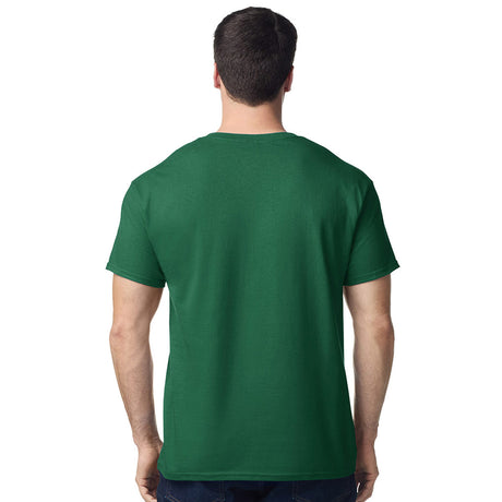 model wearing mens gildan short sleeve heavy cotton tshirt forest green