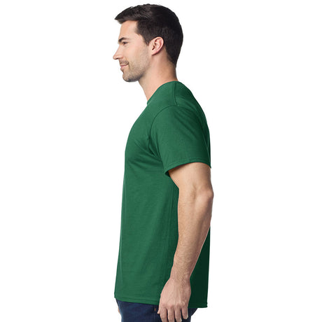 model wearing mens gildan short sleeve heavy cotton tshirt side view forest green
