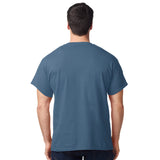 model wearing mens gildan short sleeve heavy cotton indigo blue tshirt