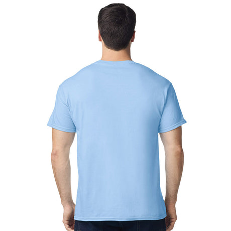 model wearing mens gildan short sleeve heavy cotton tshirt light blue