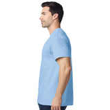 model wearing mens gildan short sleeve heavy cotton tshirt side view light blue
