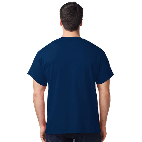 model wearing mens gildan short sleeve heavy cotton tshirt navy blue