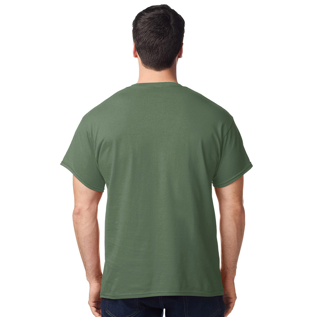 model wearing mens gildan short sleeve heavy cotton tshirt side view olive green