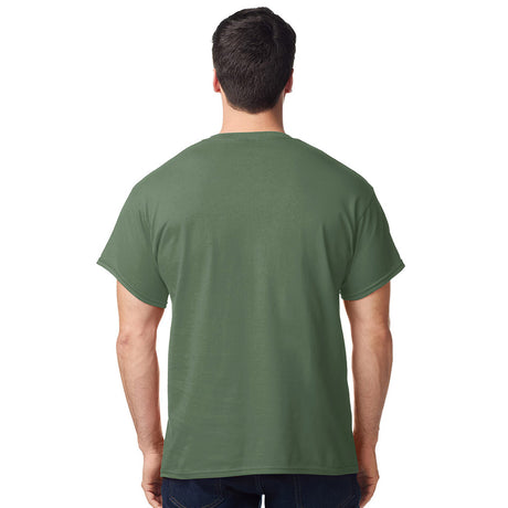 model wearing mens gildan short sleeve heavy cotton tshirt side view olive green