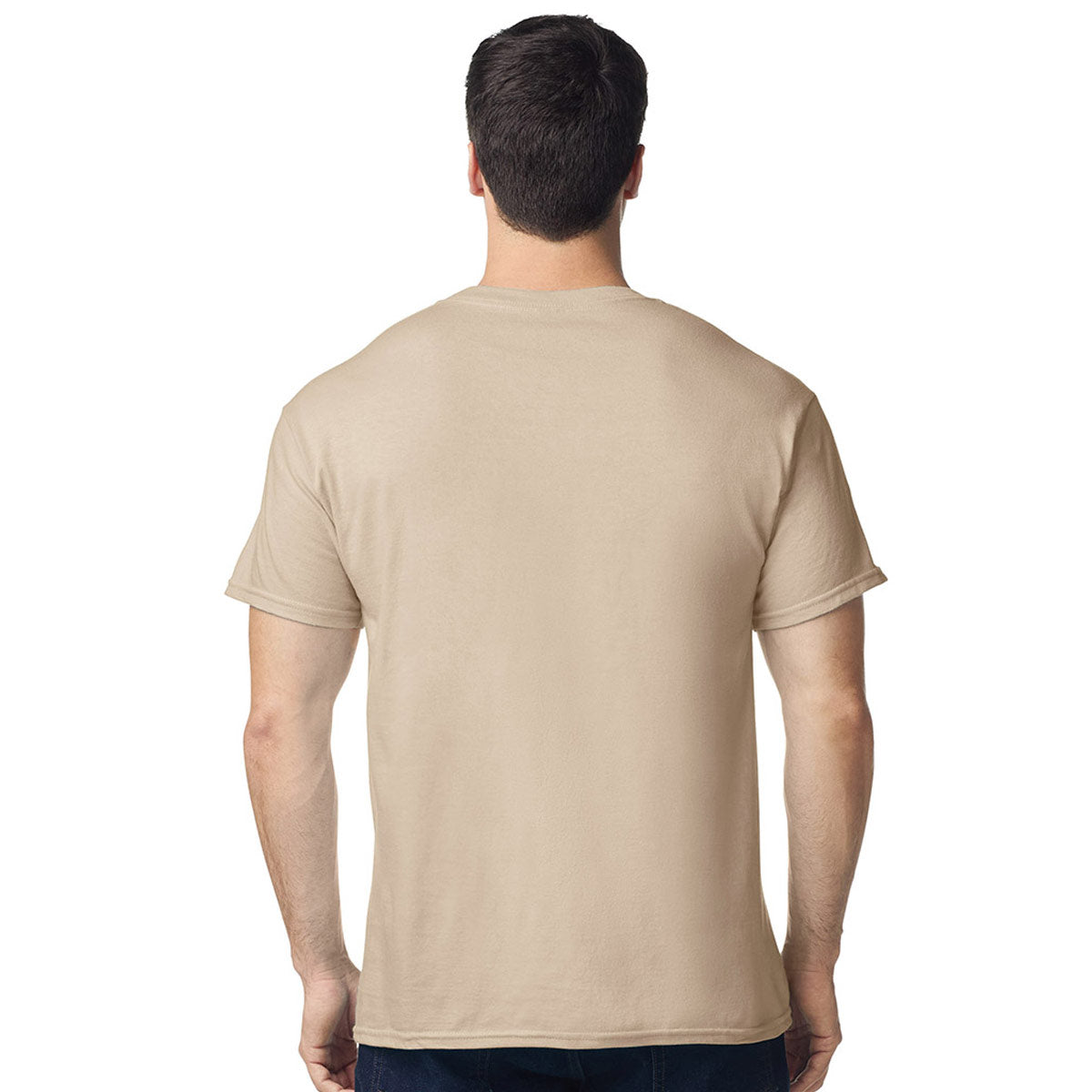 model wearing mens gildan short sleeve heavy cotton tshirt sand