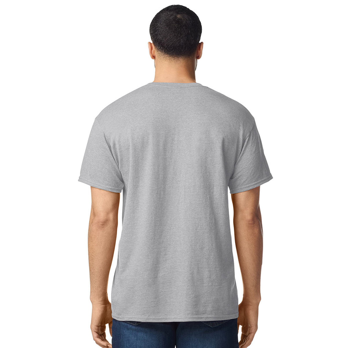 model wearing mens gildan short sleeve heavy cotton tshirt sports grey