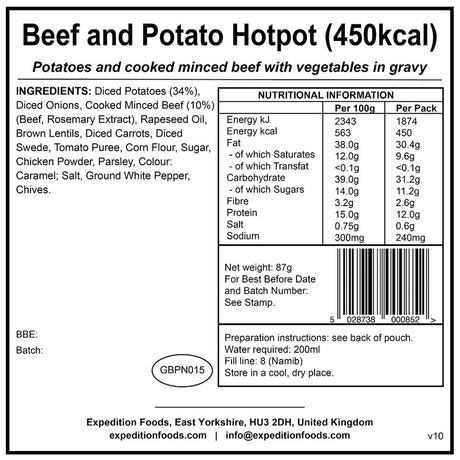nutrition information of beef and potato hotpot 450kcal expedition foods