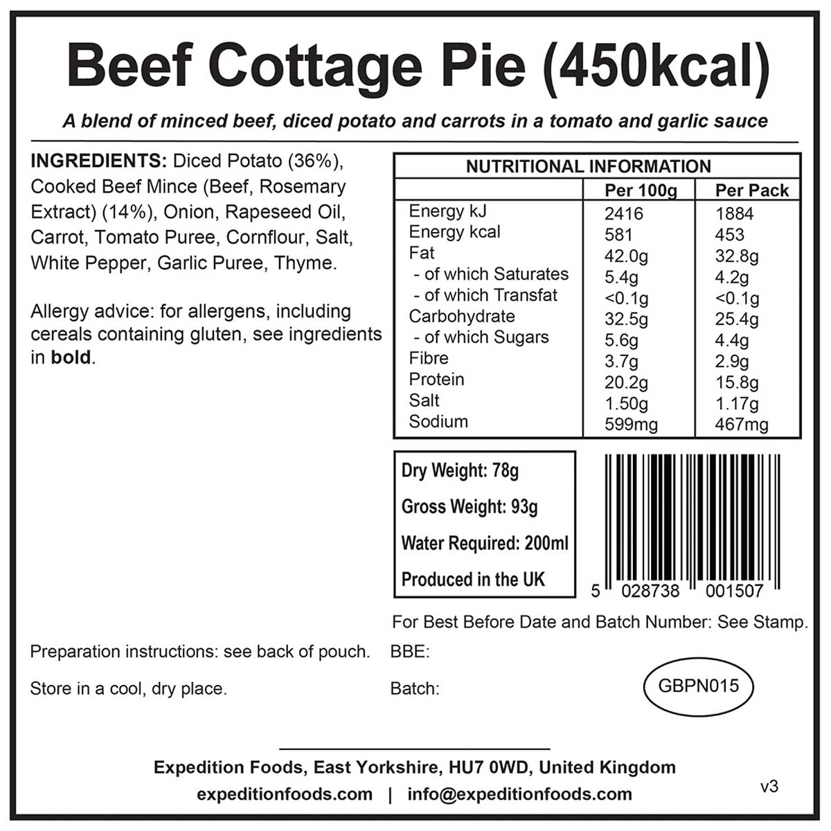 nutrition information of beef cottage pie 450kcal expedition foods