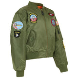 olive green kombat kids ma1 jacket with multiple badges