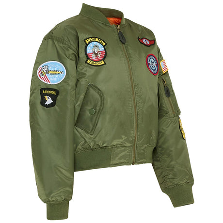 olive green kombat kids ma1 jacket with multiple badges