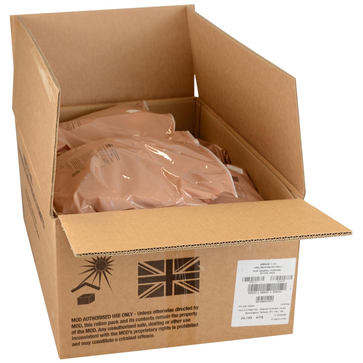 open box of british army 24 hour gp ration packs