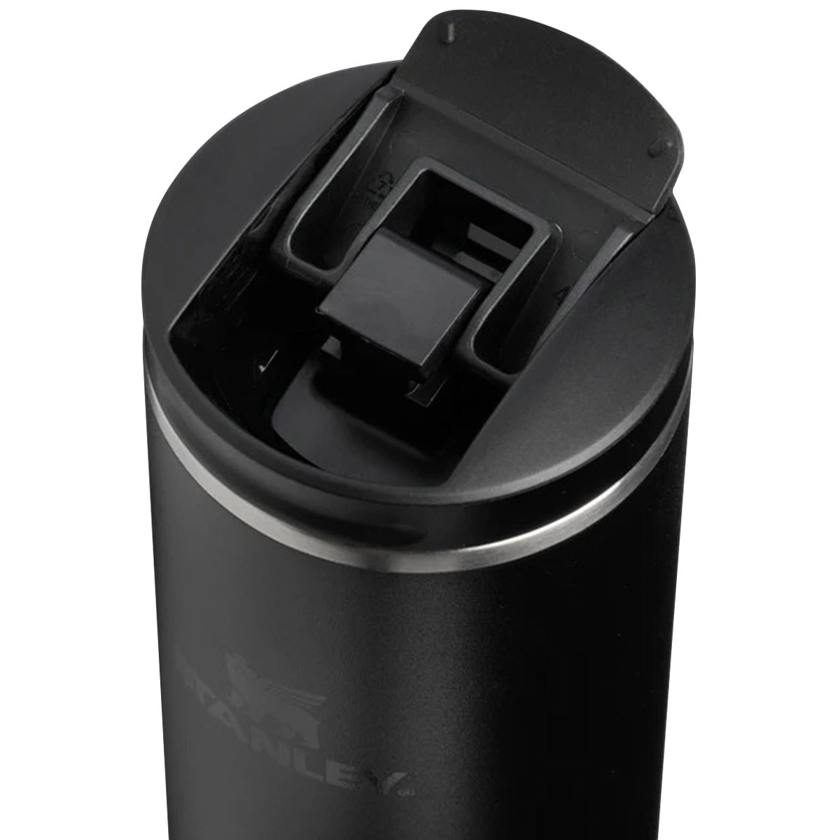 open flip top lid on stanley transit mug 350ml black