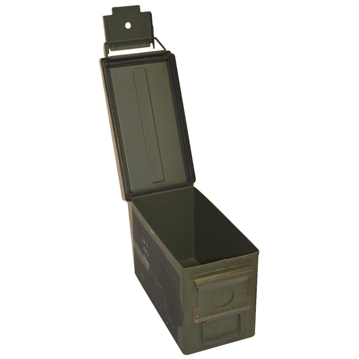 open lid on british army metal 50 cal used storage ammo box