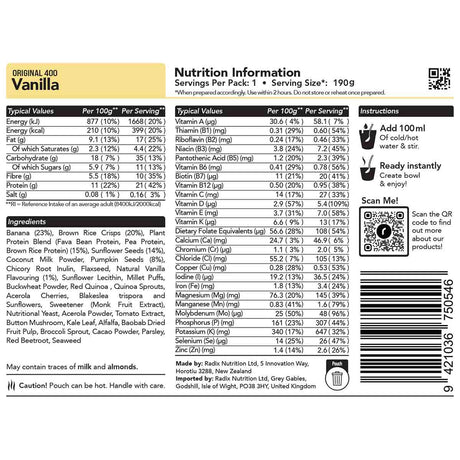 radix vanilla breakfast 400kcal ingredients information