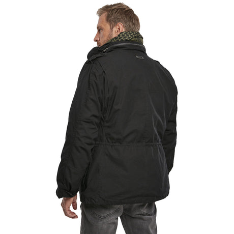 rear angle of brandit black m65 giant jacket hood zipper