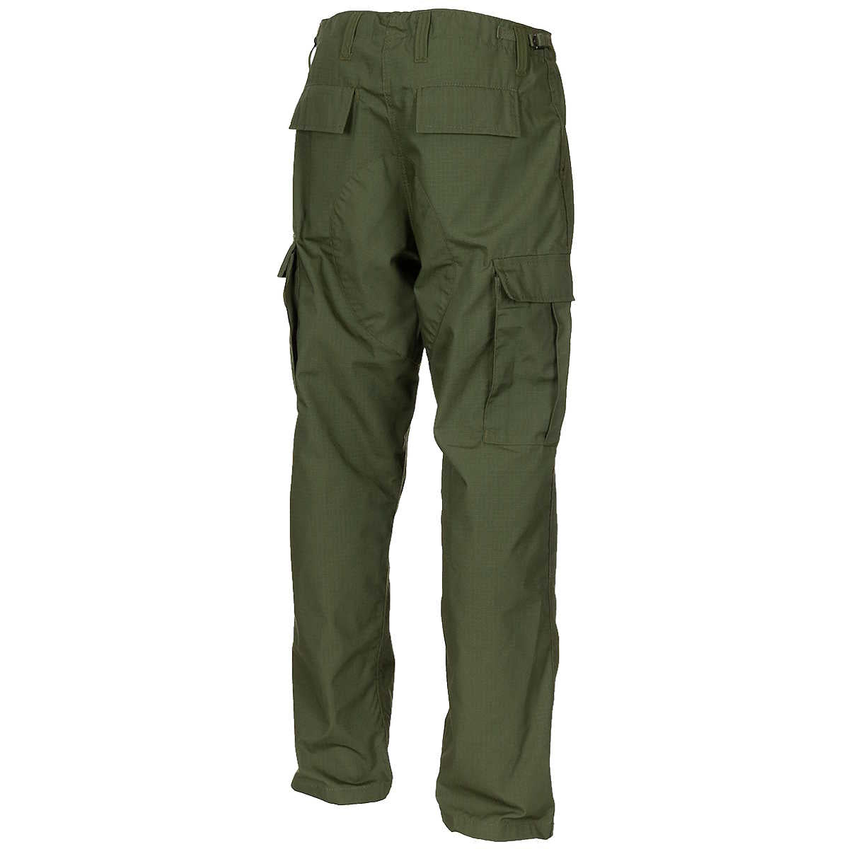 rear angle of mfh olive green bdu ripstop trousers