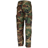 rear angle of mfh woodland camo bdu ripstop trousers