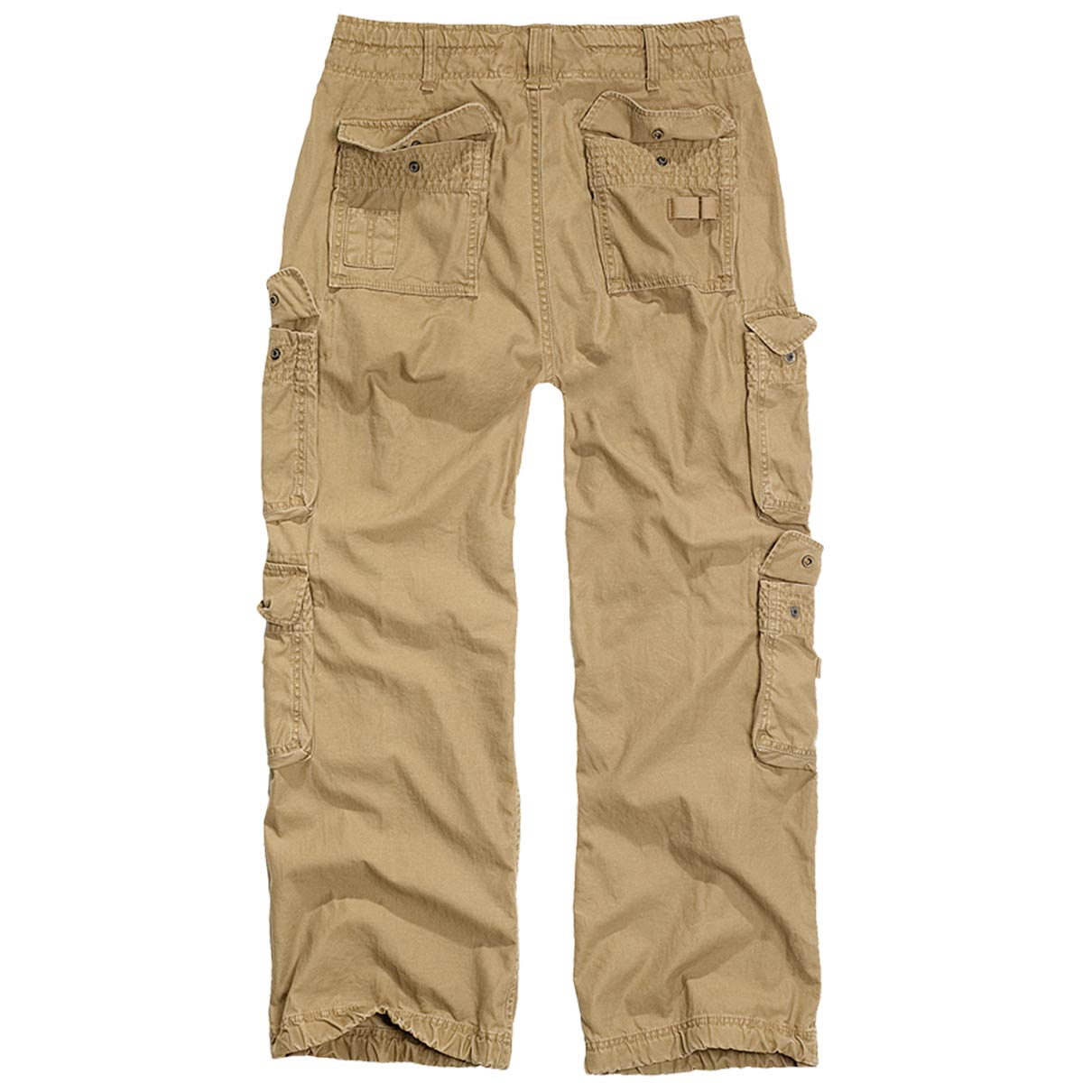 rear of beige brandit pure vintage cargo trousers laid flat