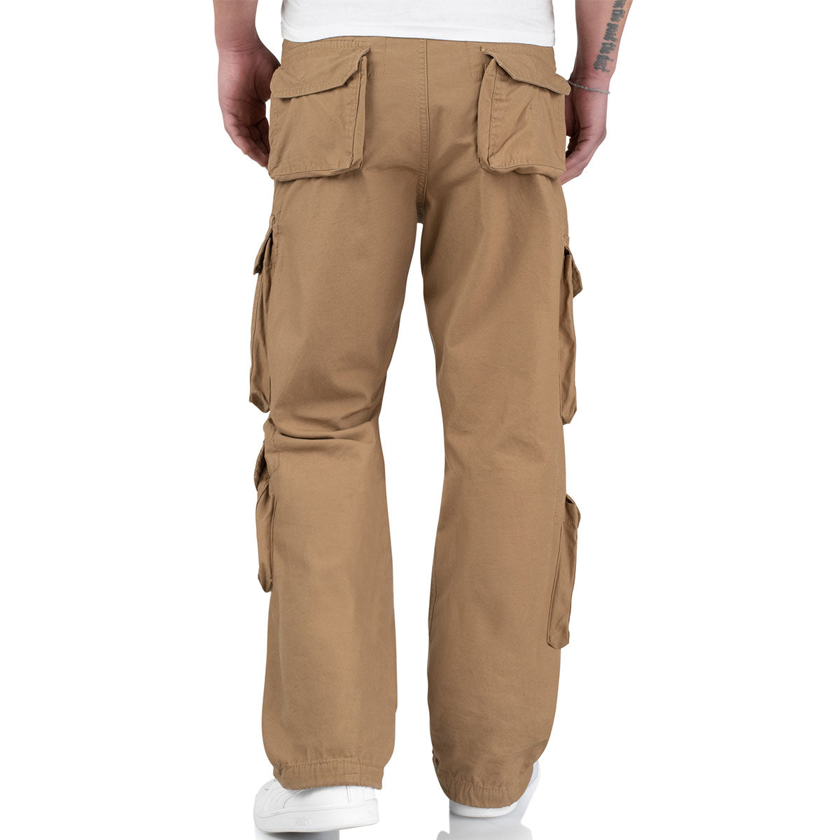 rear of beige surplus airborne vintage cargo trousers