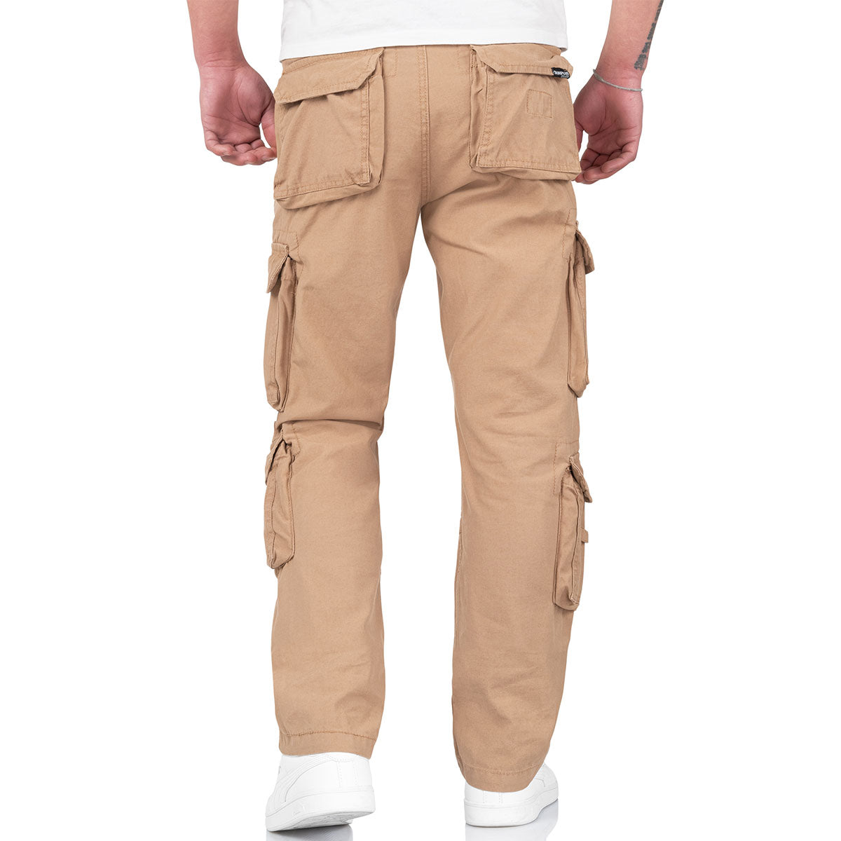 rear of beige surplus airborne vintage slimmy trousers