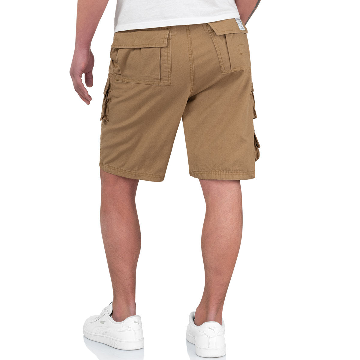 rear of beige surplus raw vintage trooper cargo shorts