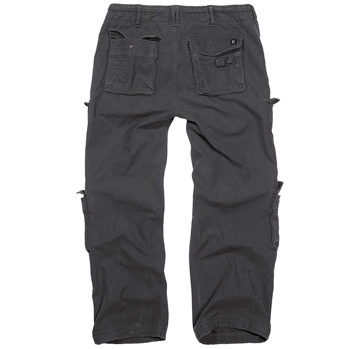 rearof black brandit pure vintage cargo trousers laid flat