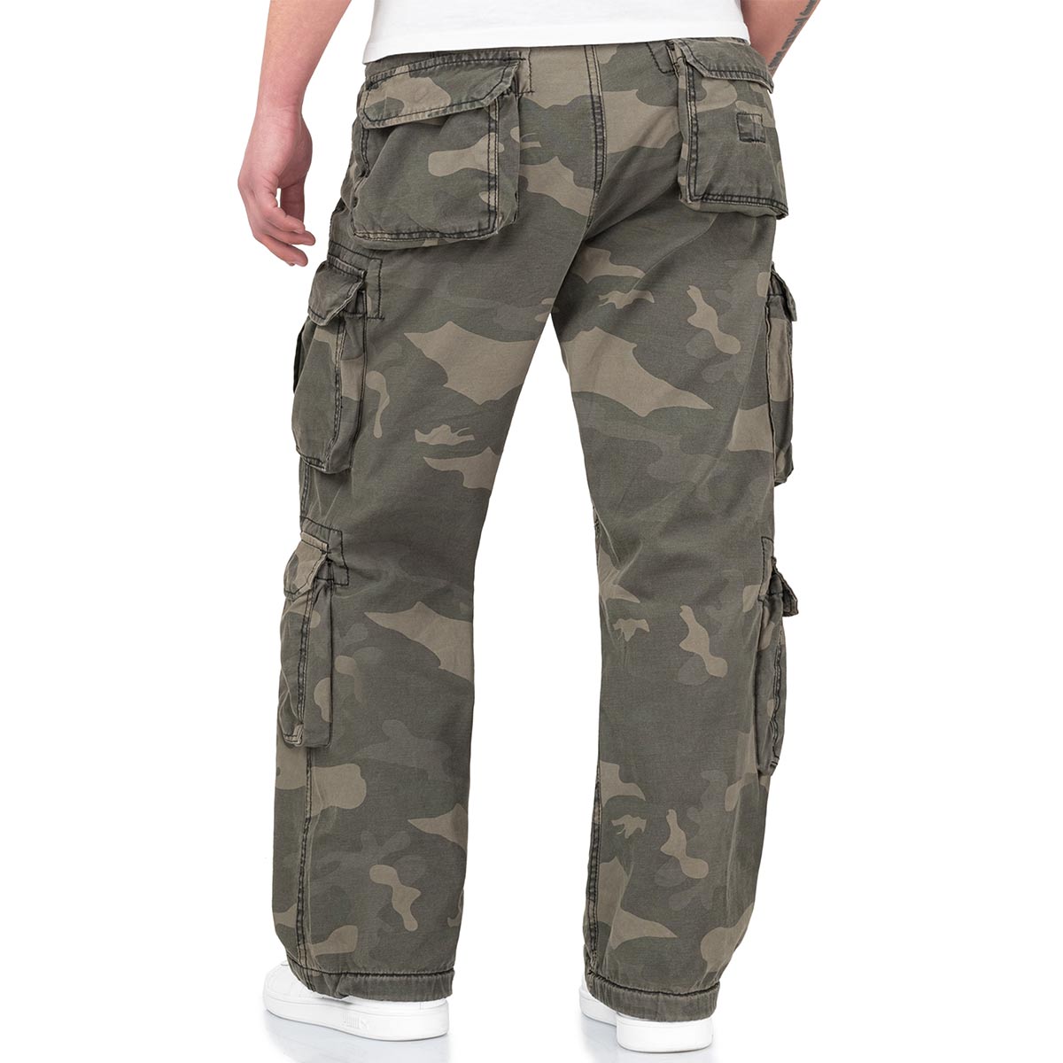 rear of black camo surplus airborne vintage cargo trousers
