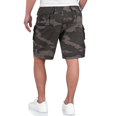 rear of black camo surplus raw vintage trooper cargo shorts