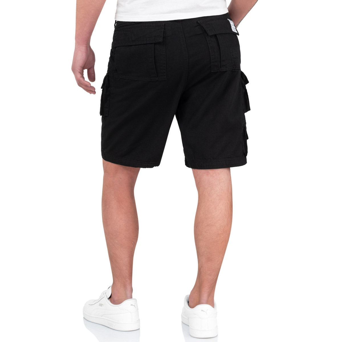 rear of black surplus raw vintage trooper cargo shorts