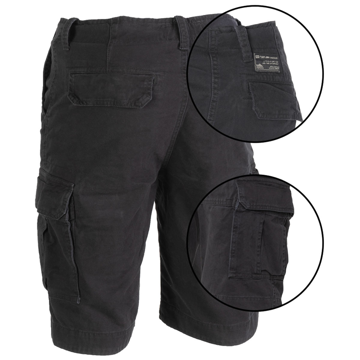 rear of mil tec black prewashed vintage shorts