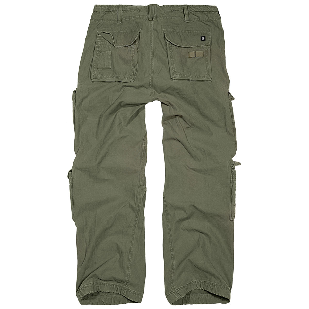 rear of olive brandit pure vintage cargo trousers laid flat