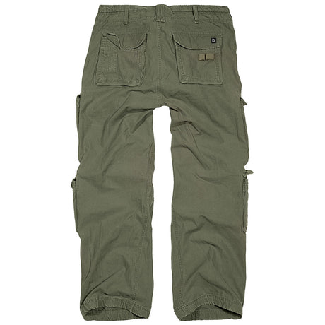 rear of olive brandit pure vintage cargo trousers laid flat