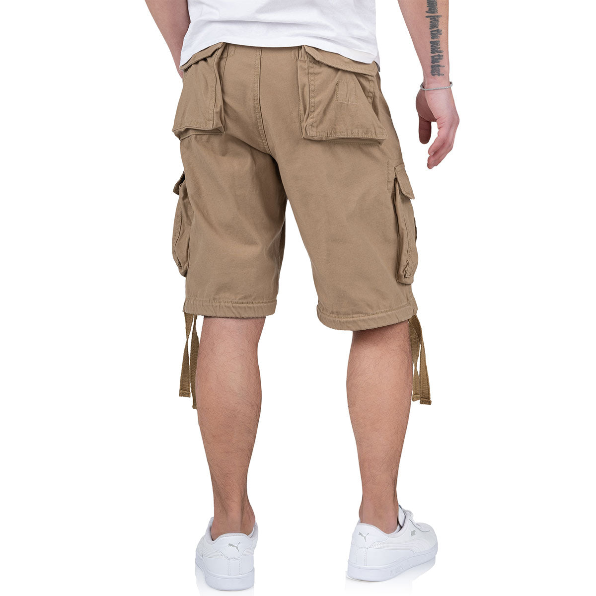 rear of surplus rv airborne vintage beige shorts