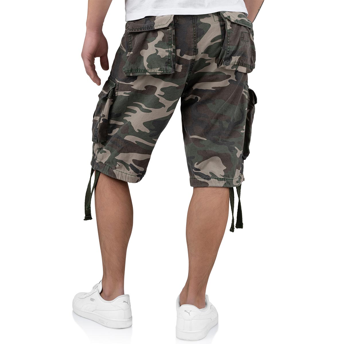 rear of surplus rv airborne vintage woodland camo shorts