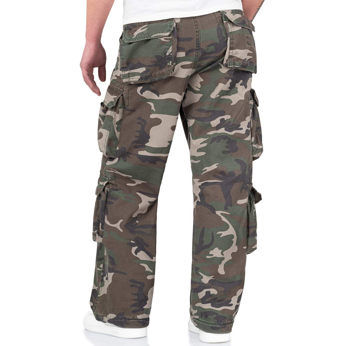 rear of woodland camo surplus airborne vintage cargo trousers