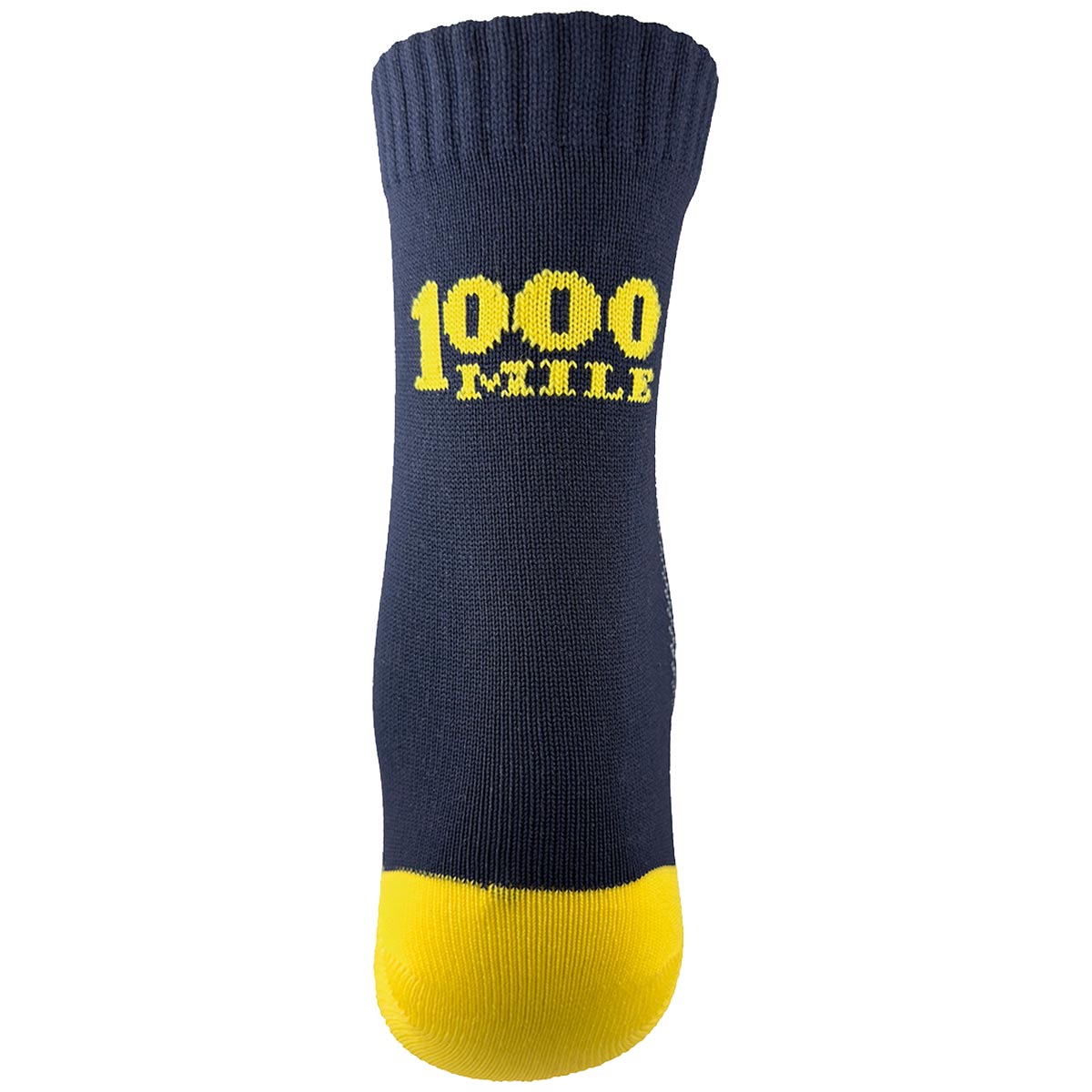 rear view of 1000 mile all terrain blue and yellow repreve socks