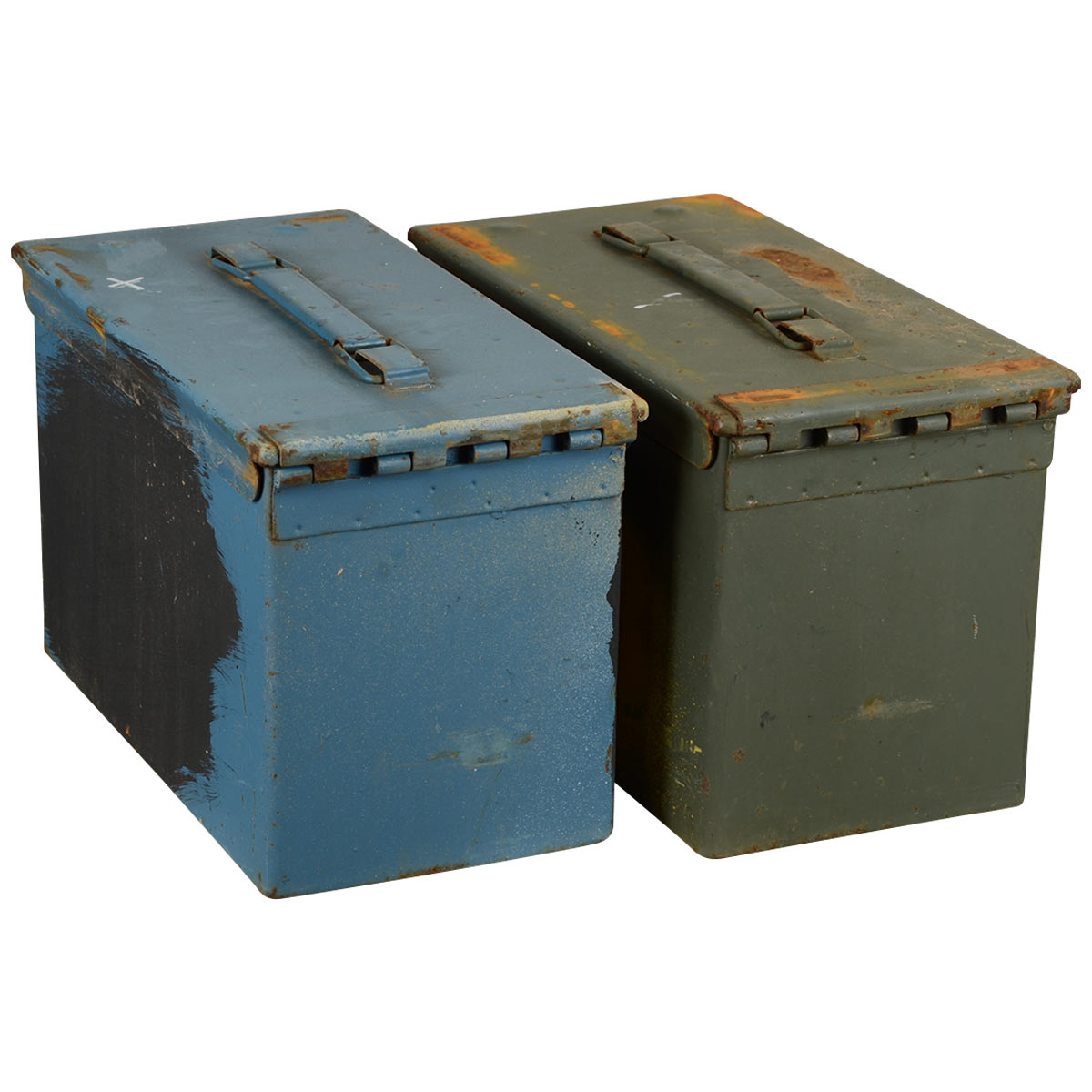rear view of army issue used 50 cal ammo box blue green