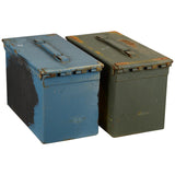 rear view of army issue used 50 cal ammo box blue green