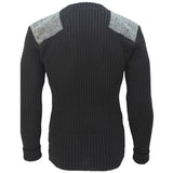 rear view of forrester crew neck woolly pully sweater with harris tweed patches black