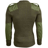 view of olive green army wool commando jumper with epaulettes