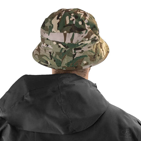 rear view of model wearing highlander camouflage bush hat