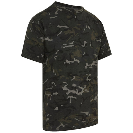 side angle of black btp camo kombat tshirt
