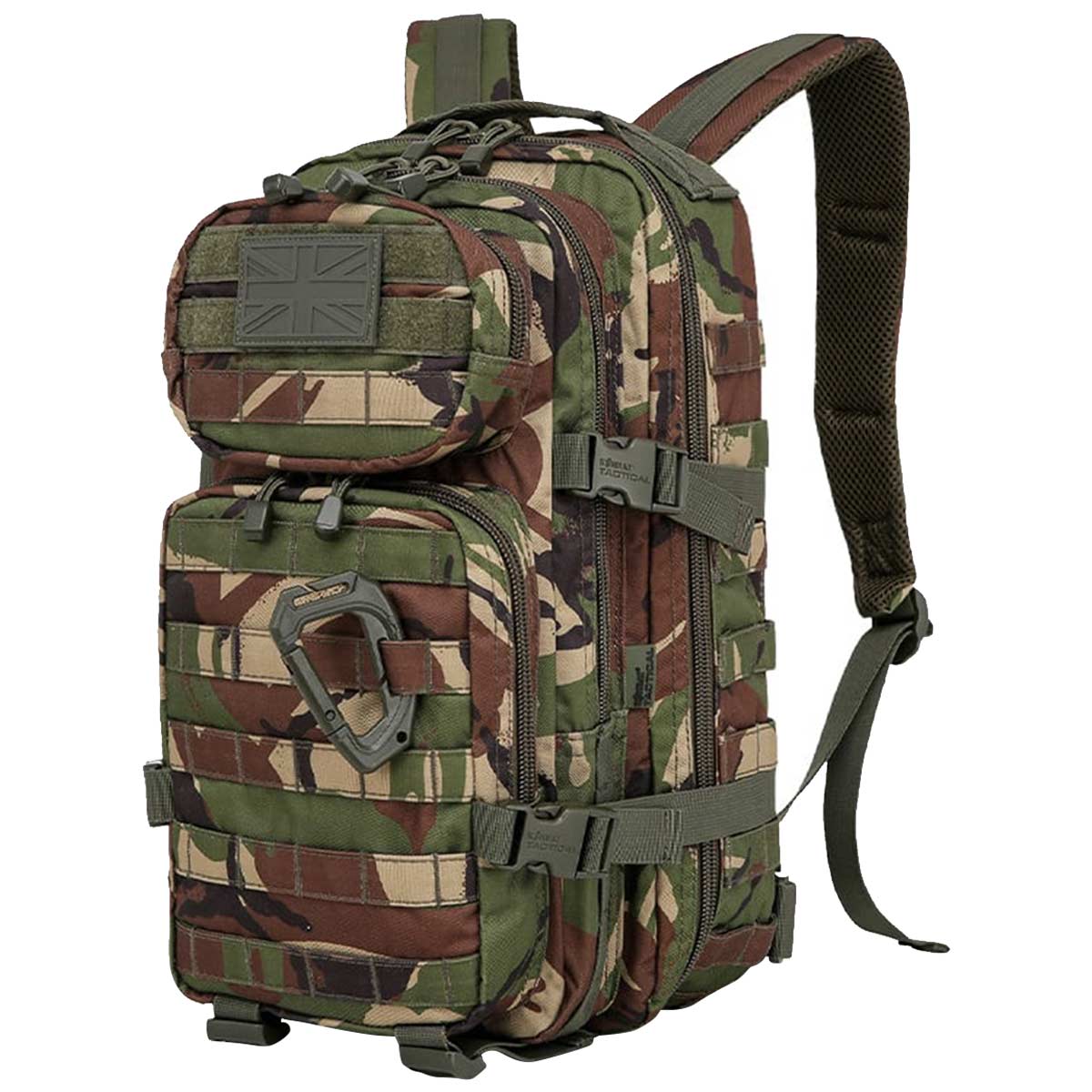 side angle of dpm camo kombat 28l molle backpack