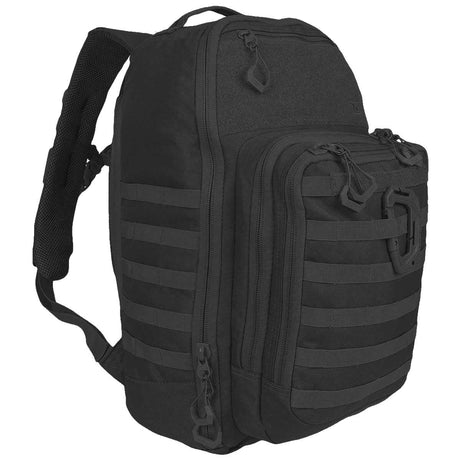 side angle of highlander harrier 25l full clamshell pack black