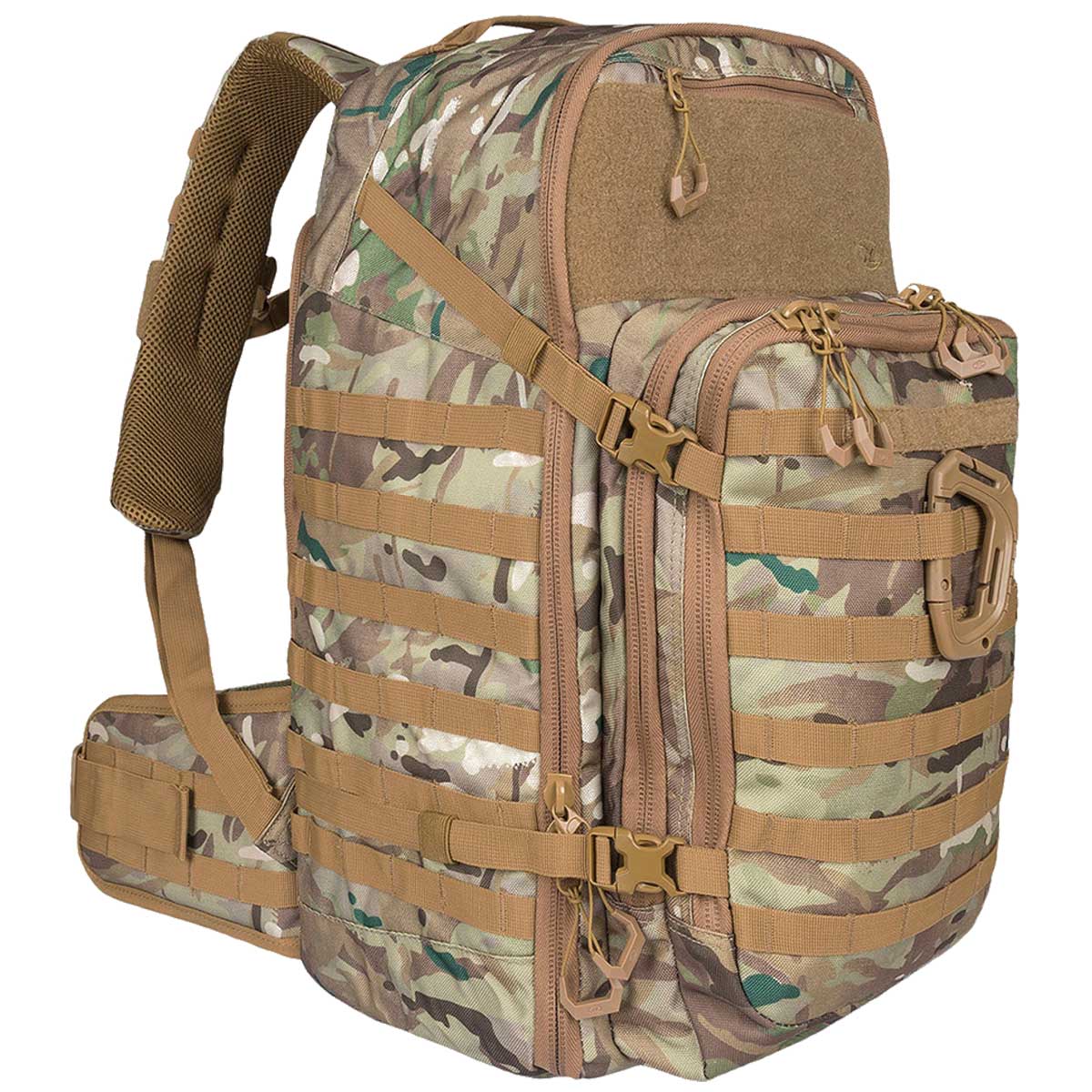side angle of highlander harrier hmtc camo full clamshell pack 45l